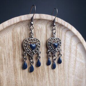 Heart Valentine Love Navy Blue Enamel Dangle Drop Antiqued Silver Tone Earrings